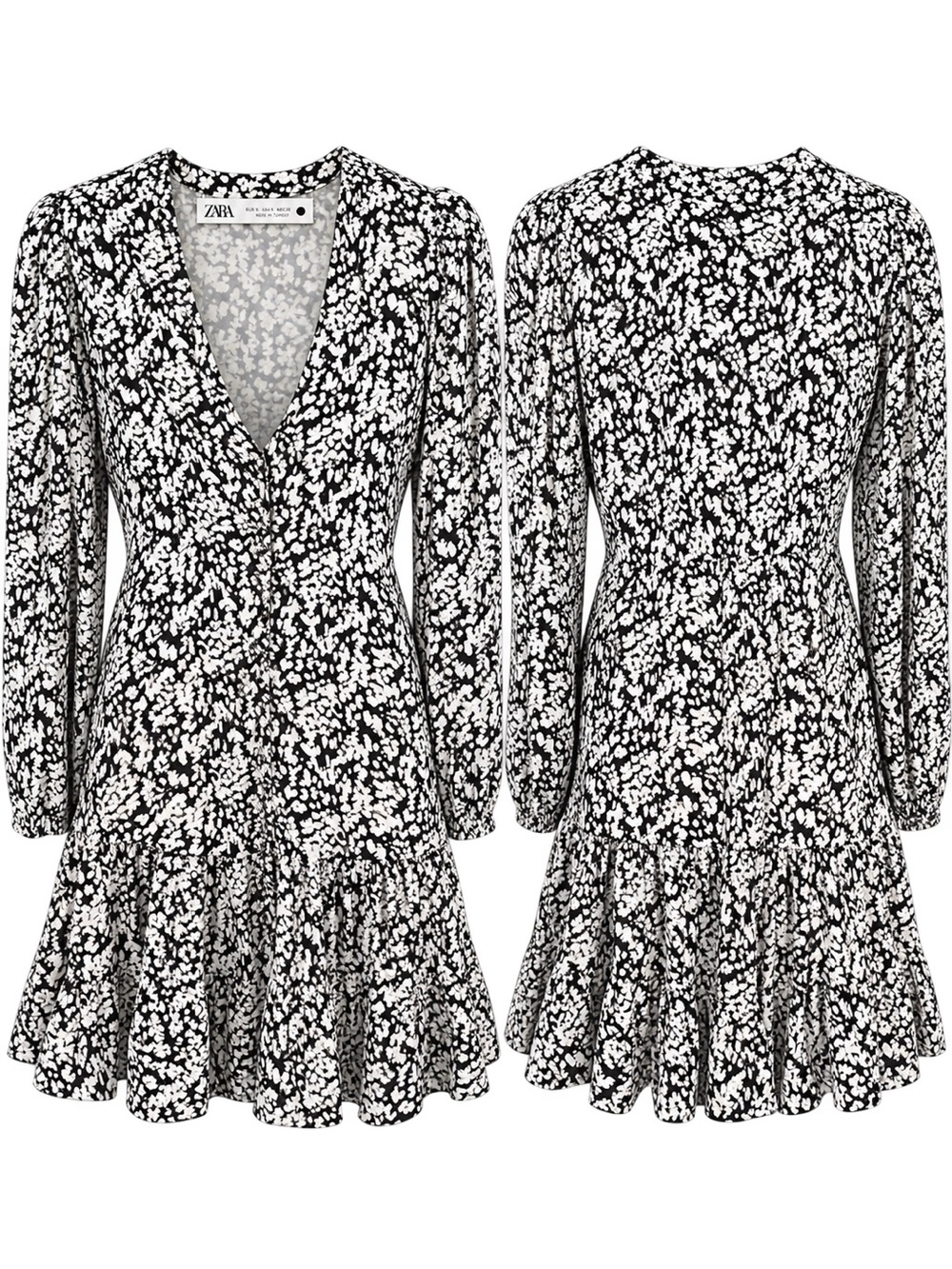 Zara Black White Abstract Print V-Neck Long Sleeve Tiered Mini Dress